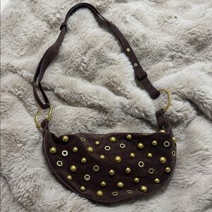 Studded Brown Suede Shoulder Bag